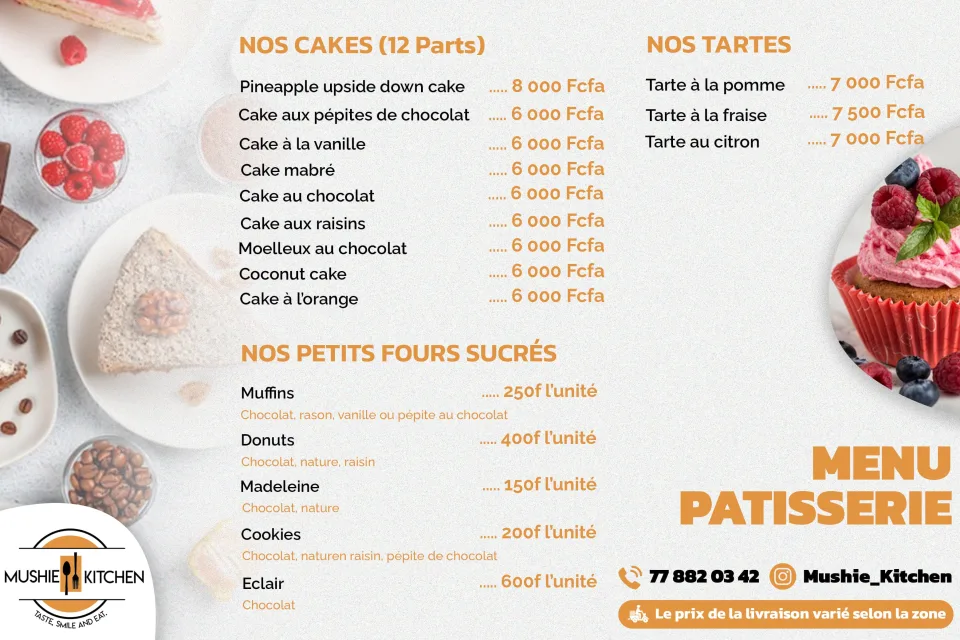 Menu pâtisserie Mushie Kitchen